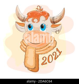 Ox 2021. Chinesisches Horoskop. 2021 ist das Jahr des weißen Metallbulls Symbol von 2021. Nette Kuh. Ox. Stock Vektor