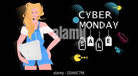 Mädchen hält Laptop Cyber montag online Verkauf Poster Werbeflyer Holiday Shopping Promotion 8-Bit Pixel Art Stil Banner horizontalen Vektor Abbildung Stock Vektor