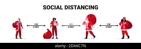 afroamerikanische Menschen in santa claus Kostüme halten soziale Distanz Um zu verhindern, Coronavirus Neujahr weihnachtsfeiertage Konzept voll Länge horizontale Vektordarstellung Stock Vektor