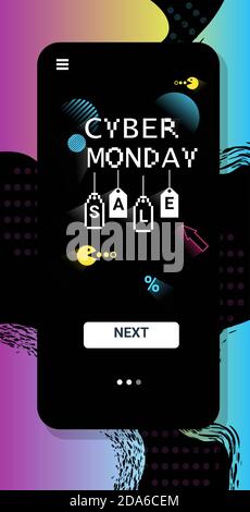 Cyber monday online Verkauf Poster Werbung Flyer Urlaub Shopping Promotion 8-Bit Pixel Art Stil Banner vertikale Vektor-Illustration Stock Vektor