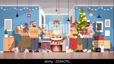 Multi-Generation-Familie in santa Hüte mit Geschenken im neuen Jahr weihnachtsferien Feier Konzept Wohnzimmer Innenraum horizontal voller Länge vektorgrafik Stock Vektor