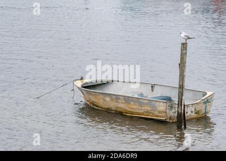 Ein offenes Schlauchboot aus Metall oder Tinny, das in ruhigem Wasser verankert ist Mit und australischer Möwe auf einem nahegelegenen Ankerplatz sitzen Im Regen Stockfoto