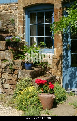 Steintreppen außerhalb cotswold Cottage in English Garden, England, Europa Stockfoto