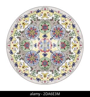 Mandala mit Buntstiften gefärbt. Weihnachtskugel, Schmetterling, Herz und Weihnachtsbaum. Stockfoto