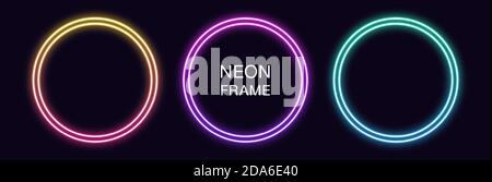 Gradient Neon Kreis Rahmen. Vektor-Set von runden Neon-Grenze mit doppelter Umrisse. Geometrische Form mit Kopierraum, futuristisches Grafikelement für Socia Stock Vektor