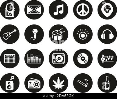 Reggae Musik & Kultur Icons Weiß Auf Schwarz Flat Design Kreis Groß Stock Vektor