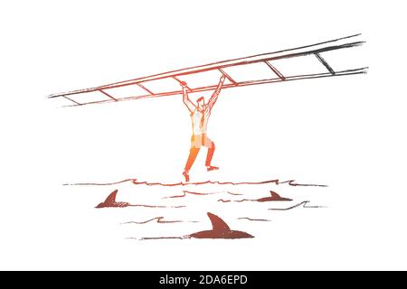 Handgezeichneter Geschäftsmann überquert Meer mit Haien Stock Vektor