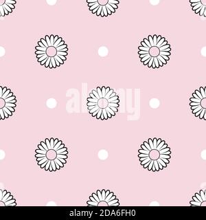 Niedliches Blumenmuster in Gänseblümchen-Pink mit Punkten. Pastellrosa Blütenmuster. Rosa Gänseblümchen Blume Pastell girly Vektor Muster Hintergrund Stock Vektor