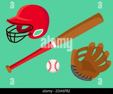 Set von Baseball-Zubehör. Sportausrüstung im Cartoon-Stil. Stock Vektor