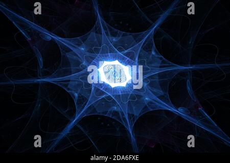 Blau leuchtender Quantenprozessor mit Hintergrundschichten, computergeneriertes abstraktes Kunstwerk, 3D-Rendering