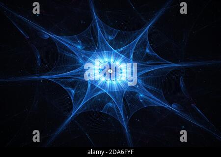 Blau leuchtender Quantenprozessor mit neuronalem Netzwerk, computergeneriertes abstraktes Kunstwerk, 3D-Rendering