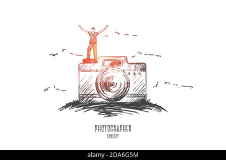 Konzept des Fotografen. Von Hand gezeichneter isolierter Vektor. Stock Vektor