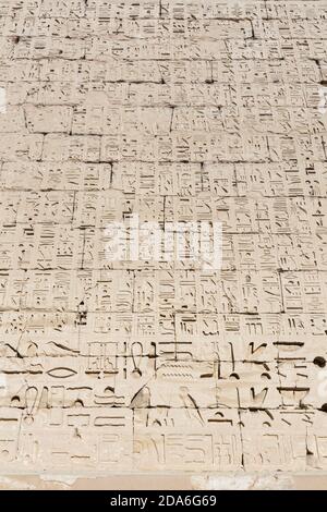 Hieroglypische Schnitzereien an der Wand des antiken Tempels von Medinat Habu, Luxor, Ägypten Stockfoto