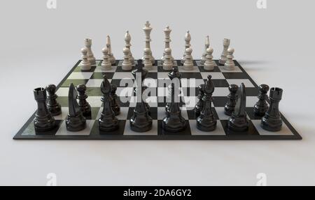 Ein regelmäßiges Schachset-Setup, um auf einem karierten beginnen Board und isolierter weißer Studiohintergrund - 3D-Rendering Stockfoto