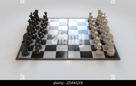 Ein regelmäßiges Schachset-Setup, um auf einem karierten beginnen Board und isolierter weißer Studiohintergrund - 3D-Rendering Stockfoto