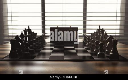 Ein regelmäßiges Schachspiel mit einem Timing Clock Setup auf Ein Tisch mit gegenüberliegenden Stühlen in einem dunklen Raum mit Hintergrundbeleuchtung Durch ein helles Fensterlicht - 3D-Rendering Stockfoto