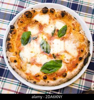 Eine echte italienische margherita Pizza in einem Gericht, Tomaten, Mozzarella und Basilikum, Blick von oben auf einer karierten Tischdecke Stockfoto