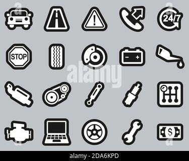 Pannenhilfe Service Icons Weiß Auf Schwarz Aufkleber Set Groß Stock Vektor