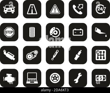 Pannenhilfe Service Icons Weiß Auf Schwarz Flat Design Set Groß Stock Vektor