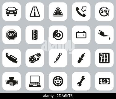 Pannenhilfe Service Icons Schwarz & Weiß Flat Design Set Groß Stock Vektor