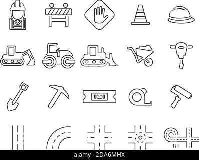 Straßenbau Icons Black & White Thin Line Set Big Stock Vektor