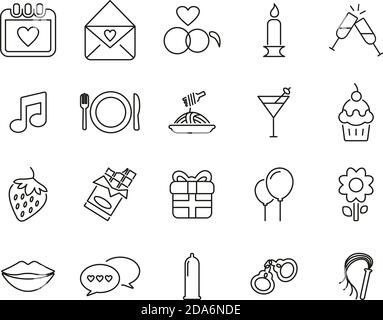 Romantische Oder Umwerfende Icons Black & White Thin Line Set Groß Stock Vektor