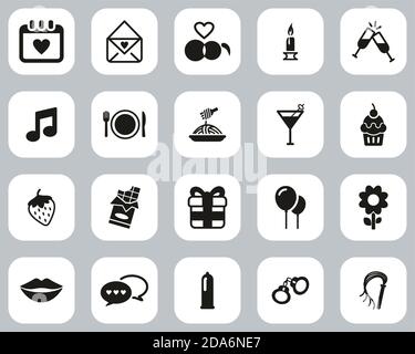 Romantische Oder Umwerben Icons Schwarz & Weiß Flat Design-Set Groß Stock Vektor