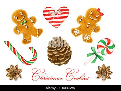 Vintage Satz von Weihnachtsdekorationen Aquarell Illustration Stockfoto