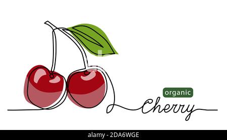 Cherry Vektorgrafik. Eine Linie Zeichnung Kunst Illustration mit Schriftzug Bio Kirsche Stock Vektor