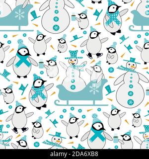 Schneemann und Baby Pinguin Schlitten und Eislaufen nahtlose Vektor-Muster Hintergrund. Blau weiß orange Hintergrund mit Schneemänner, kleine Pinguine, Schlitten Stock Vektor