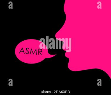 ASMR - Frau Silhouette und Sprechbalon mit Text. Sanftes Flüstern als angenehmer Klang und Klang. Vektorgrafik. Stockfoto