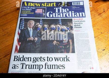 "Biden wird als Trump arbeiten" Joe Biden Guardian Schlagzeilen Titelseite der Zeitung am 9. November 2020 nach 7 November gewinnt, um der nächste US-Präsident zu sein Stockfoto