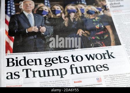 "Biden wird als Trump arbeiten" Joe Biden Guardian Schlagzeilen Titelseite der Zeitung am 9. November 2020 nach 7 November gewinnt, um der nächste US-Präsident zu sein Stockfoto