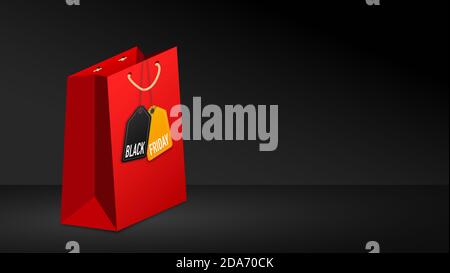 Rote Einkaufstasche und schwarzes freitag Verkaufslabel auf schwarzem Hintergrund. Stockfoto