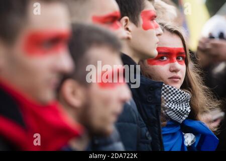 KIEW, UKRAINE - 06. Oktober 2019: Tausende ukrainer nehmen an Kundgebung gegen die Unterzeichnung der sogenannten Steinmeier-Formel auf dem Unabhängigkeitsplatz in Kiew, Ukraine, Teil Stockfoto