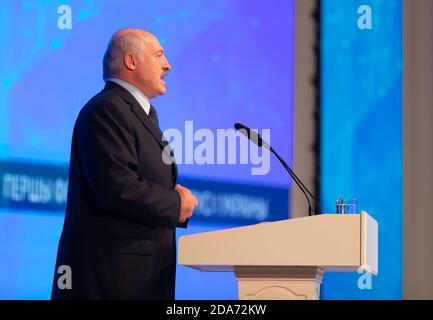 GOMEL, BELARUS - 26. Oktober 2018: Präsident von Belarus Alexander Lukaschenko spricht während des ersten Forums der Regionen der Ukraine und Weißrussland, in Gomel Stockfoto