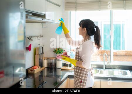 Asiatische Frau trägt Gummi Schutzhandschuhe Reinigung Küchenschränke in ihrem Haus während des Aufenthalts zu Hause mit Freizeit über ihre tägliche Haushälterin Stockfoto