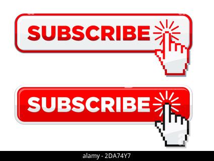 Klicken Sie auf die Schaltfläche „Abonnieren“, indem Sie mit der Hand darauf klicken. Symbolvektor für Website Stock Vektor