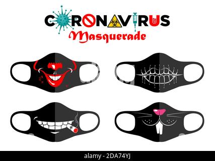 Drucken Sie das Designkonzept auf wiederverwendbare Gesichtsschutzmasken. Unterhaltung während Coronavirus-Quarantäne. Lustige Cartoon Gesichter - genäht Mund, gefanged Mund, c Stock Vektor