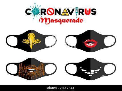 Drucken Sie das Designkonzept auf wiederverwendbare Gesichtsmasken. Unterhaltung während Coronavirus-Quarantäne. Adlerschnabel, zahnloses Lächeln, weibliche Lippen, männlicher Bart und m Stock Vektor