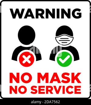 Türschild Gesichtsmaske erforderlich. Mann im Gesicht Maske Symbol. Warnschilder für Restaurants, Cafés und Einzelhandelsgeschäfte. Keine Maske, kein Service. Abbildung, vec Stock Vektor