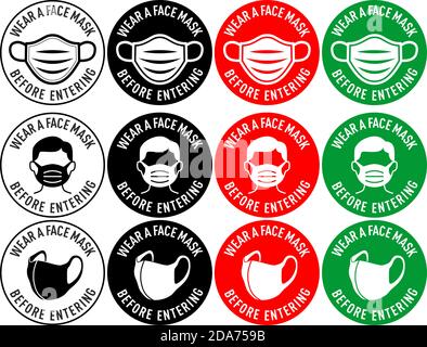 Warnschild Tragen Sie vor dem Betreten eine Gesichtsmaske. Aufkleber zur vorbeugenden Infektionsmaßnahme an der Eingangstür. Runder Warnschild für Restaurant, Cafe und r Stock Vektor