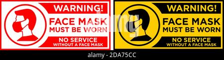 Warnschild Gesichtsmaske muss vor dem Betreten getragen werden.Keine Wartung ohne Gesichtsmaske. Horizontale Warnschilder für Restaurants, Cafés und Einzelhandelsgeschäfte Stock Vektor