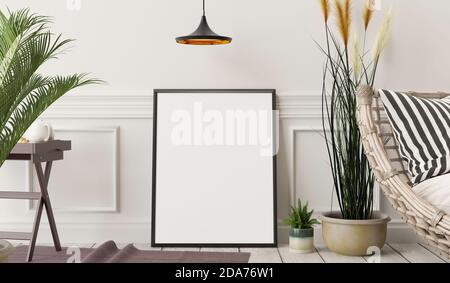 Weiße Wand mit Stuhl im Wohnzimmer. 3d-Rendering Stockfoto