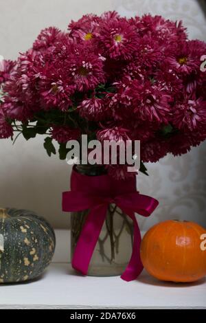 Ein Strauß roter Chrysanthemen auf weißem Hintergrund. In der Nähe sind zwei Kürbisse. Nahaufnahme. Stockfoto