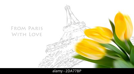 Aus Paris mit Liebe. Stilisiertes Bild des Eiffelturms mit verschwommenem Tulpenstrauß Stockfoto