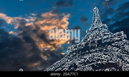 Aus Paris mit Liebe. Paris Kunst Hintergrund. Stilisiertes Bild des Eiffelturms auf einem Hintergrund des Abendhimmels mit Wolken und Kopierraum Stockfoto