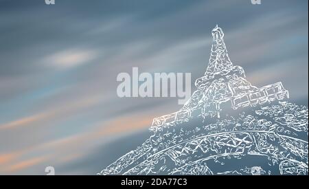 Paris Kunst Hintergrund. Stilisiertes Bild des Eiffelturms auf einem Hintergrund von verschwommenem Himmel mit Kopierraum Stockfoto