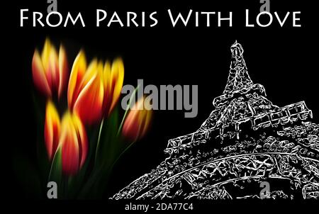 Aus Paris mit Liebe. Stilisiertes Bild des Eiffelturms mit verschwommenem Tulpenstrauß Stockfoto