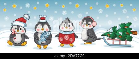 Lustige Weihnachten Pinguine Comic-Figuren gesetzt. Gruppe Baby arktische Tiere in Silvester Kleidung mit Weihnachtsbaum. Handgezeichneter Vektor für Winterurlaub Stock Vektor